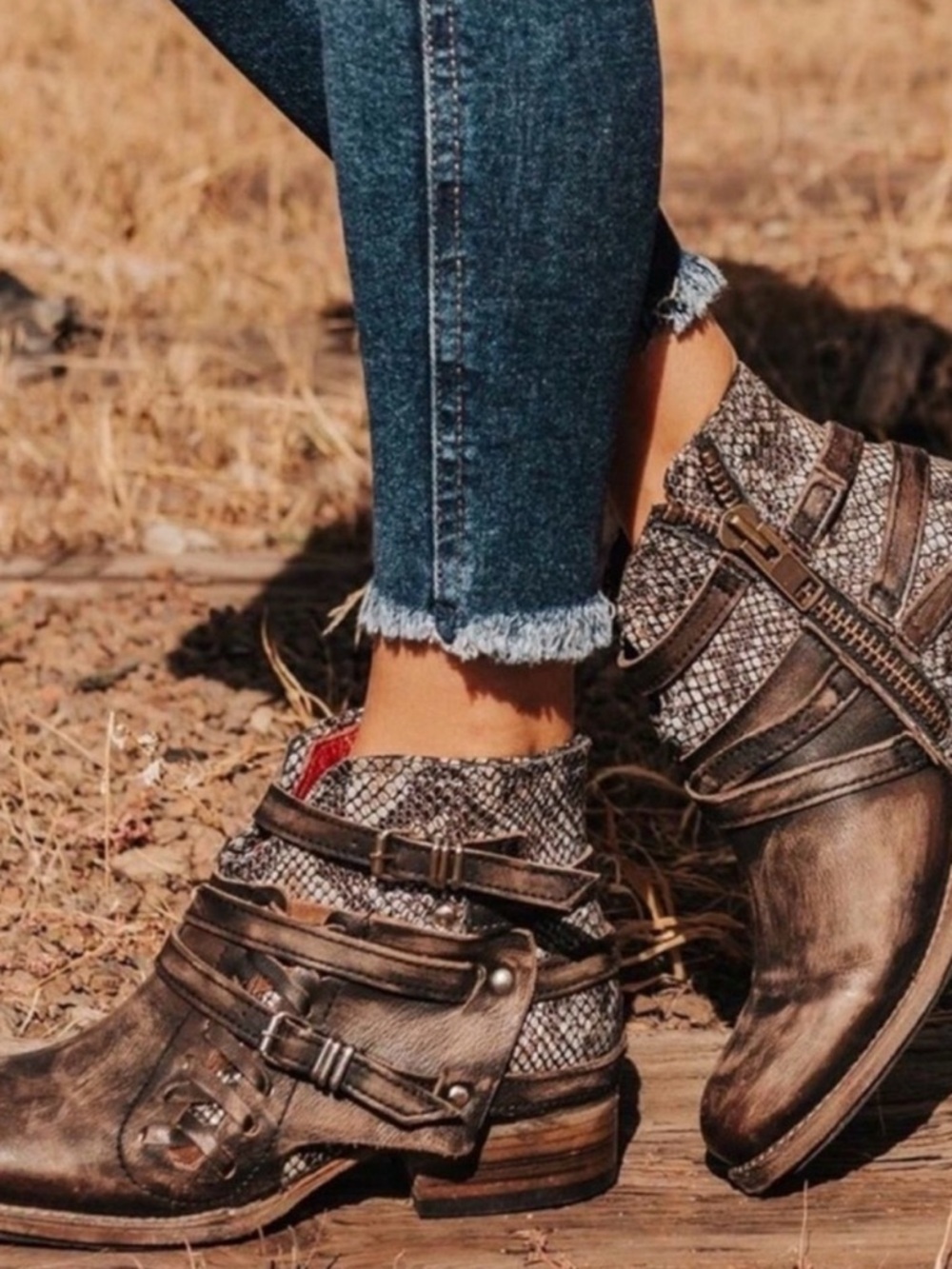 Freebird by Steven Brown Distressed Ankle Booties with Snake-Print Collar